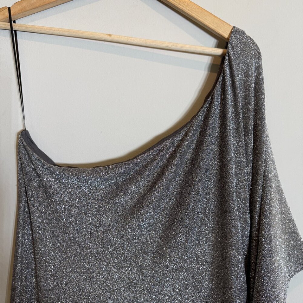 Trina Turk Ratio Ruched One-Shoulder Shimmer Mini Dress Women's XL Silver NWT - Picture 8 of 16